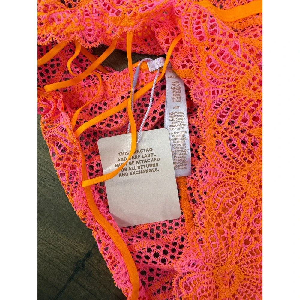 Savage X Fenty Stranded in Lace Crochet Teddy Neon Pink Orange L NWT Lingerie